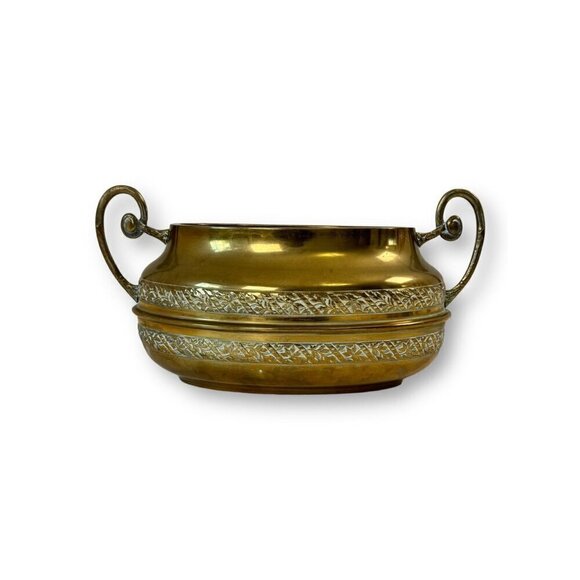 Vintage 80s Hammered Brass Oval Shape Cachepot Planter Size 13" Length - Picture 7 of 16